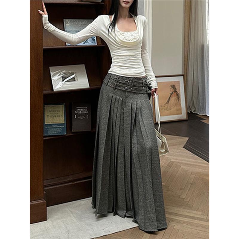 Korean Vintage Gray Pleated A-Line Midi Skirt