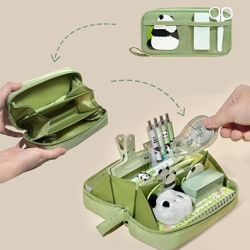 Volcano Layer Pencil Bag Pen Case Transparent Pocket 3 Compartments Handle Storage Pouch for Stationery