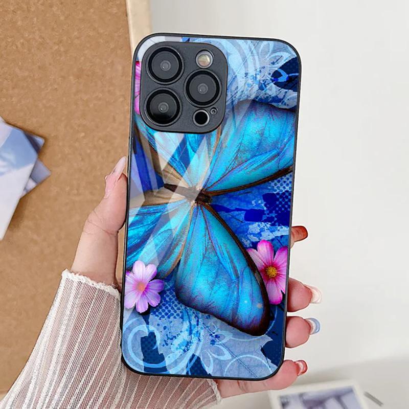 Blue Butterfly for iPhone17ProMax Metallic Paint Glass Mobile Phone Protective Case 17 All-inclusive 15 Fine Holes 16