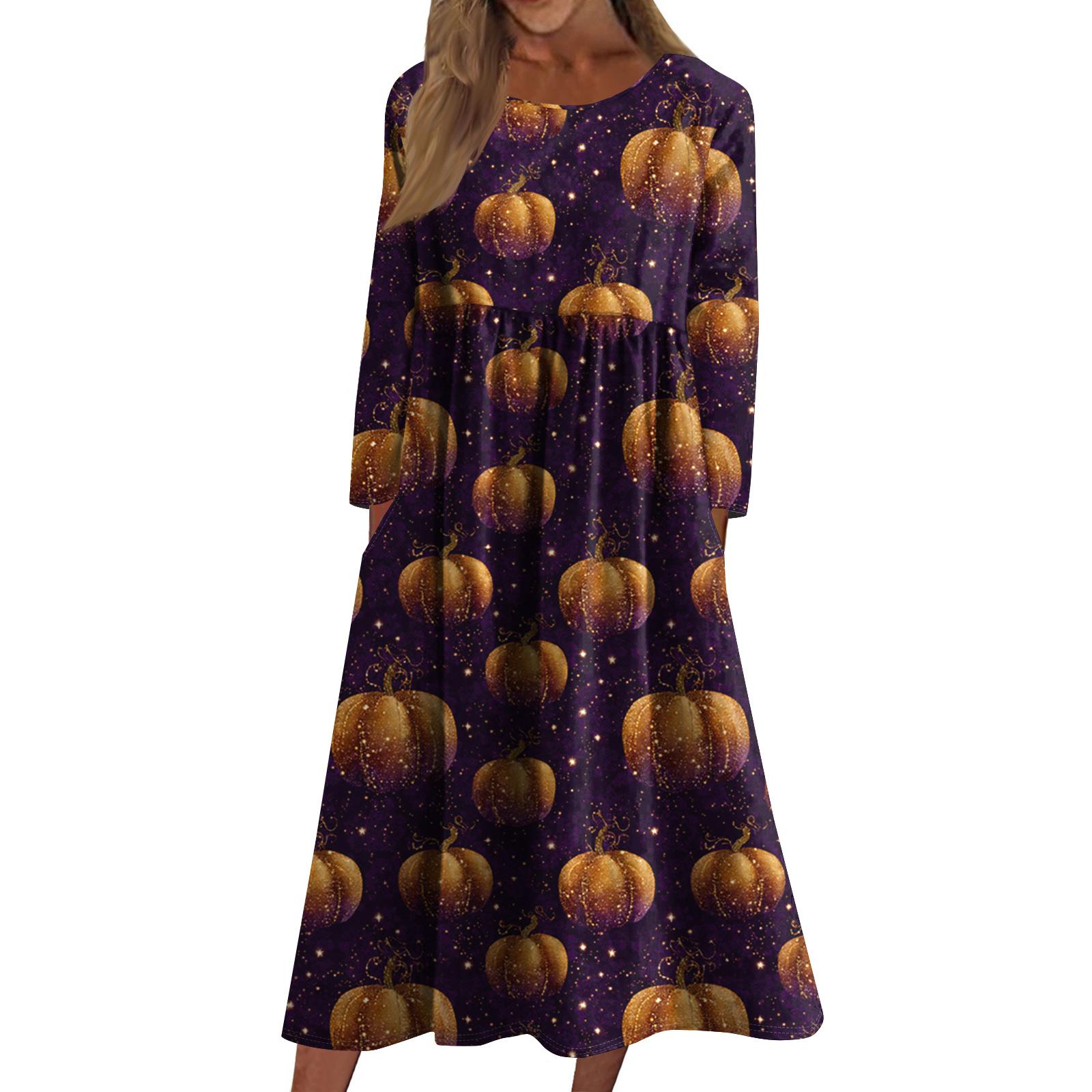 

Women s Casual Crew-neck Halloween Print Mid-length Dress Long-sleeved Dress With Pocket L