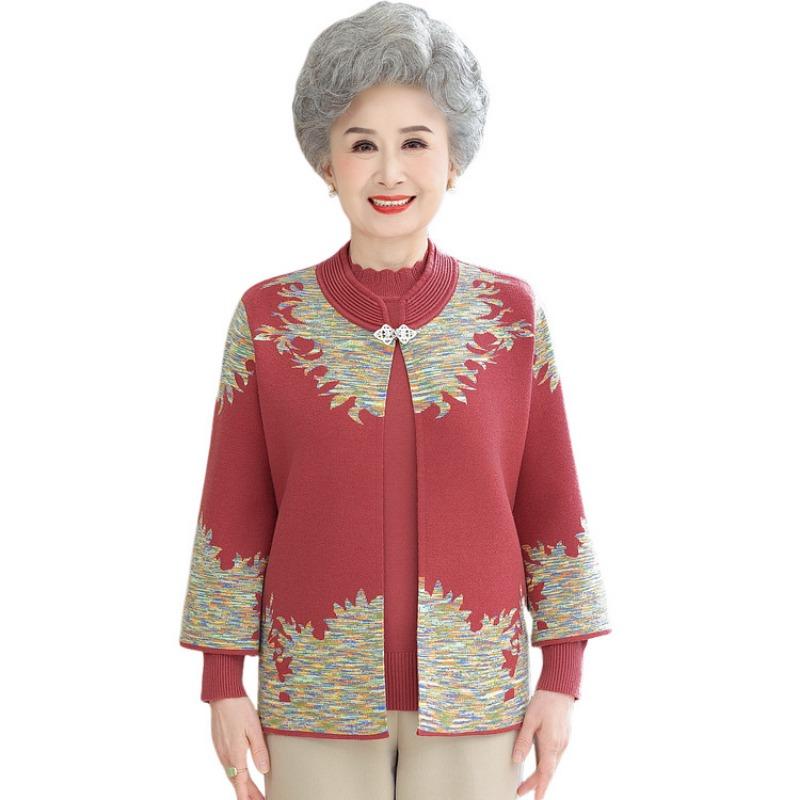 Middle-aged and old women's cardigan two-piece mother's sweater set women's knitted bottoming shirt top mother-in-law dress