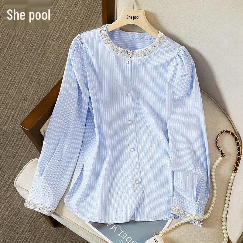 Women s Beaded Striped Round Neck Long Sleeve Shirt L