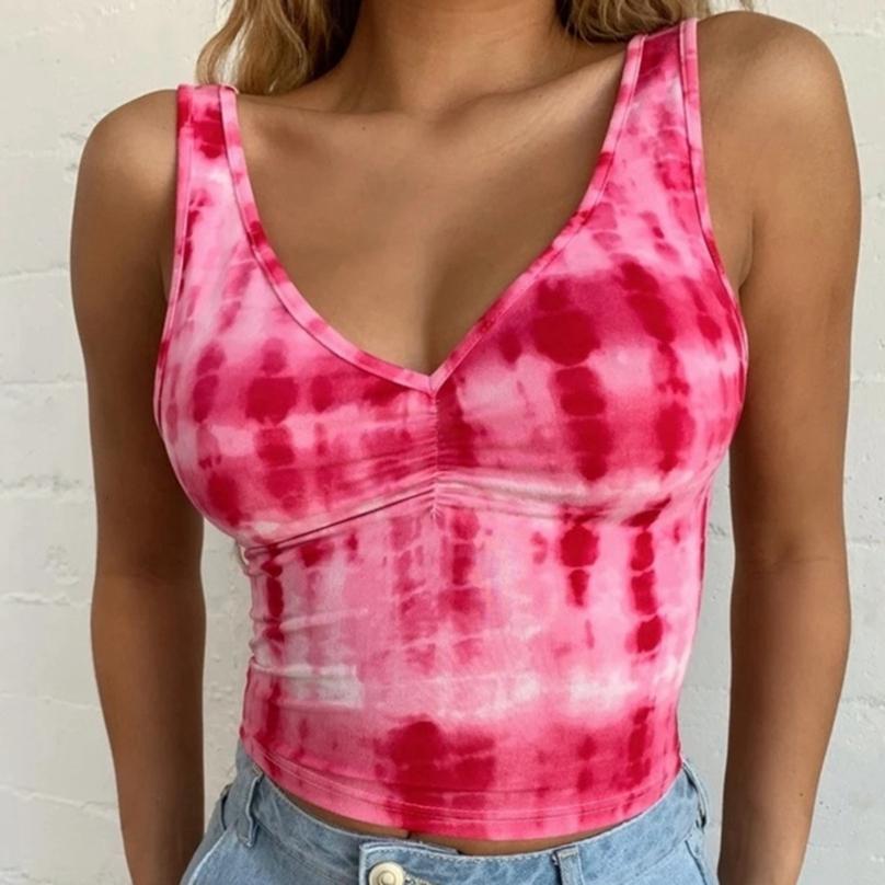 Women Summer Deep V-neck Sleeveless Tie Dye Printing Plus Size Casual Tank Top