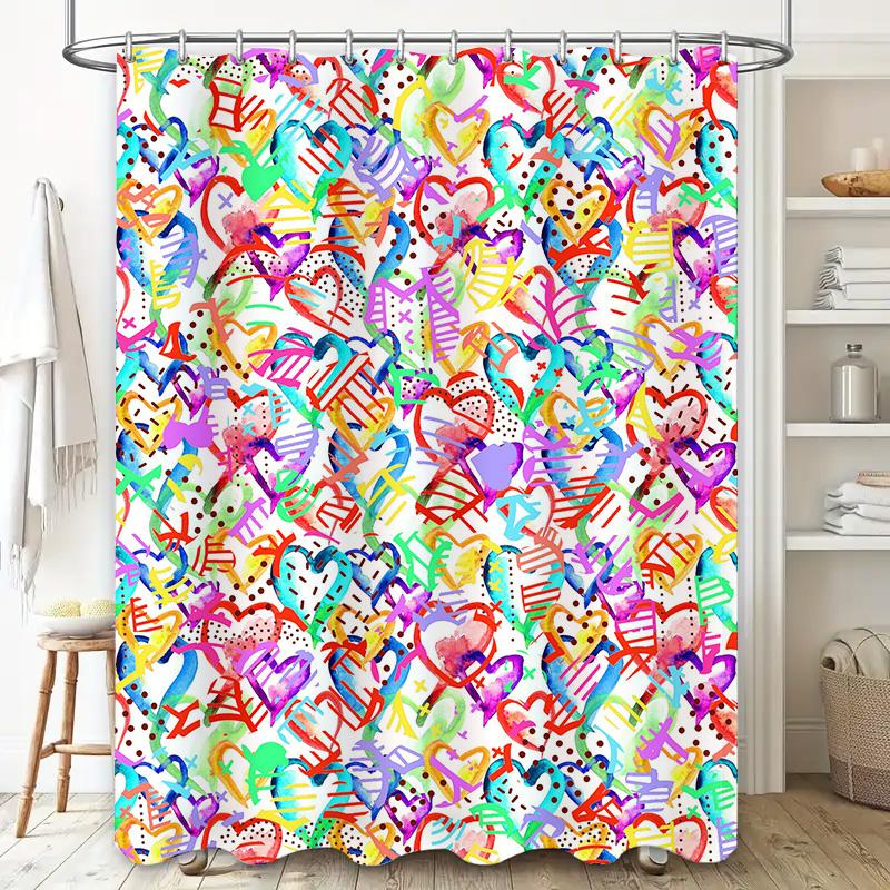 Colorful Love Heart Print Shower Curtain Waterproof Decorative Bathroom Liner Set