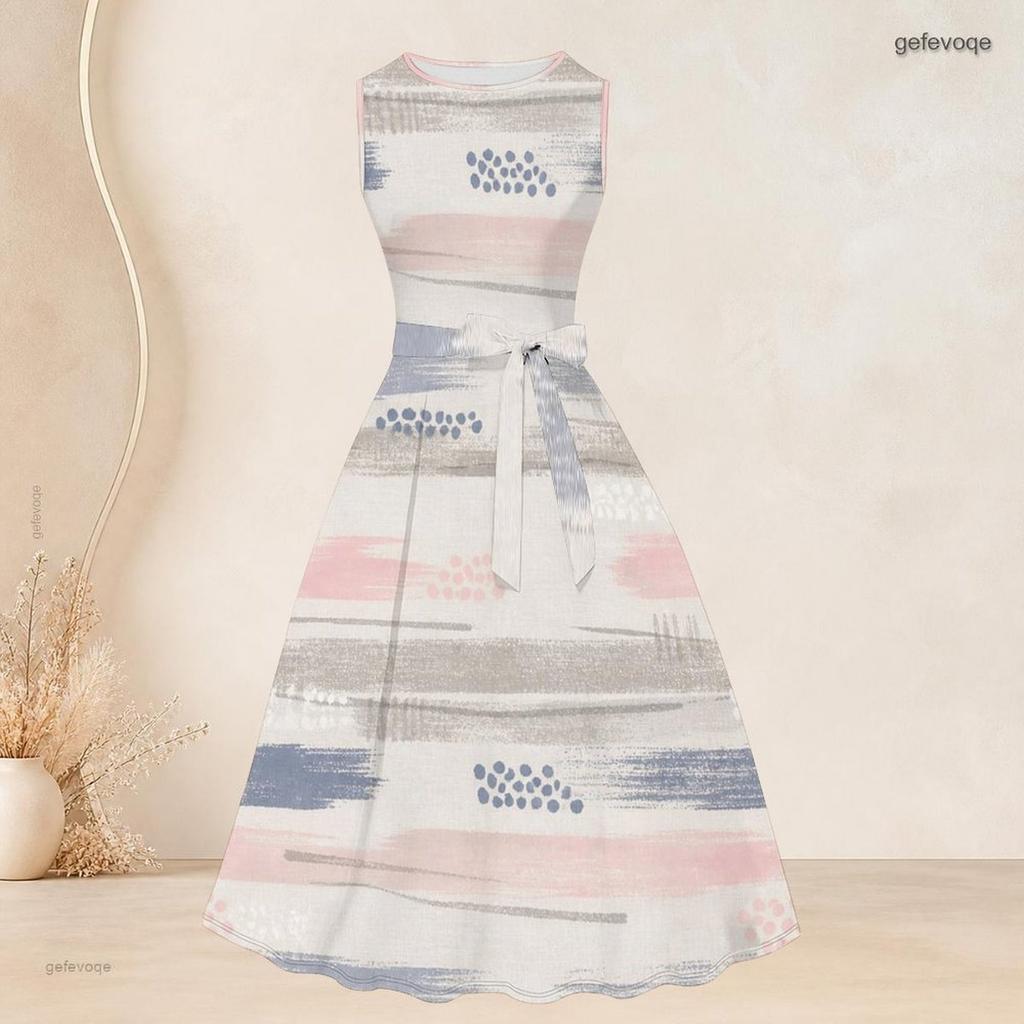 Women Plus Size Two Piece Set 3 4 Sleeve Open Front Cardigan Sleeveless Striped Printed Tie Waist Flared Dress