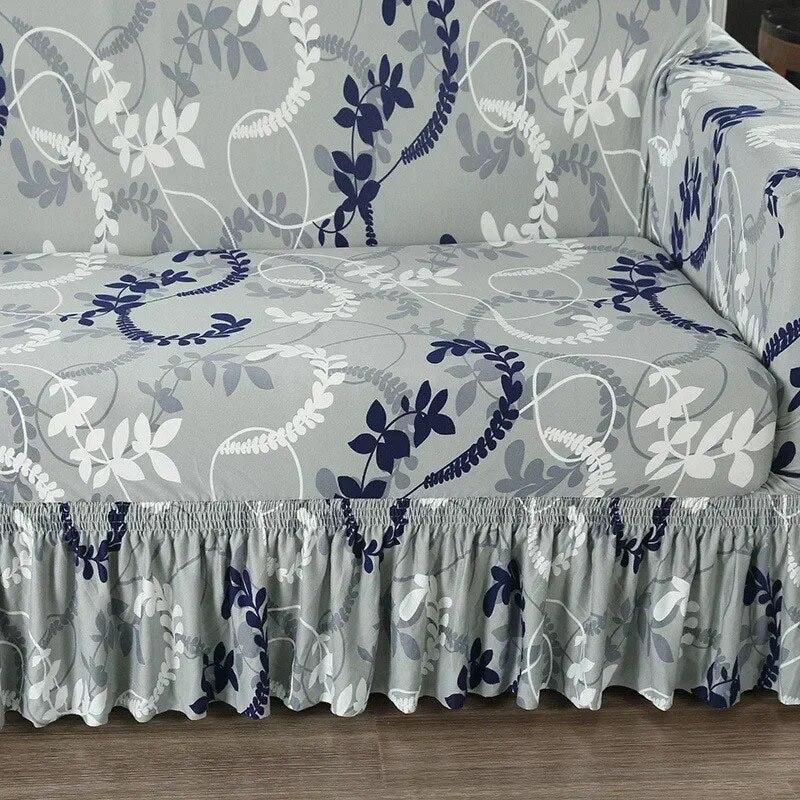 Sofaovertrekk med stort skjørt i europeisk stil, universalstoff for alle fire årstider, sklisikkert sofaovertrekk, full dekning, sofahåndkle med pute