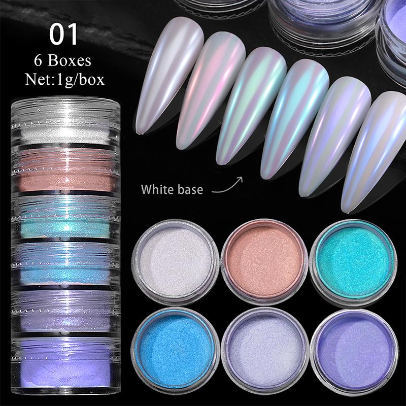 6Box/Set Aurora Pearl White Nails Powder Shell Mirror Pigment Chrome Effect Rubbing Dust Gel Polish DIY Nail Manicure Decoration