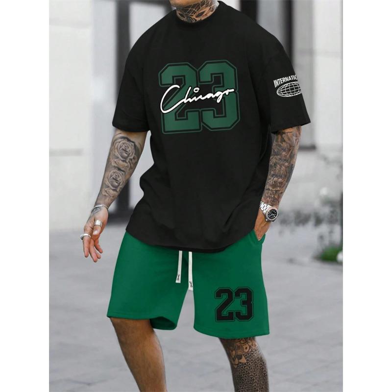 Men's Short Sleeve Shorts 2-Piece Tracksuit Fashion 23 Digital Printed Crewneck T-Shirt and Drawstring Shorts Set