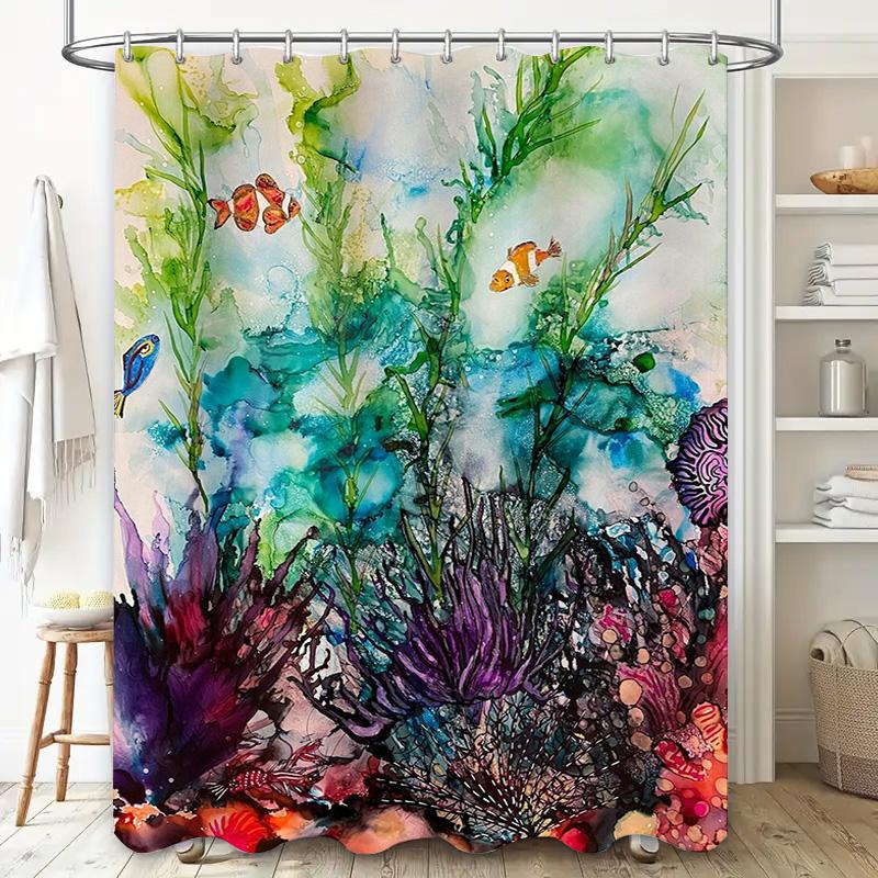 Colorful Coral Reef Shower Curtain Waterproof Fabric Decorative Bath Room Hanging Set for Home Decoration in Multicolored Waterc