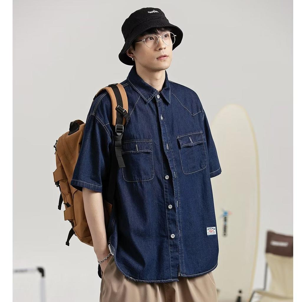 Japanische Retro-Modemarke, Sommer, lockeres Denim-Kurzarmhemd, künstlerisches Jugend-Arbeitshemd, mehrlagige Jacke für Herren und Damen