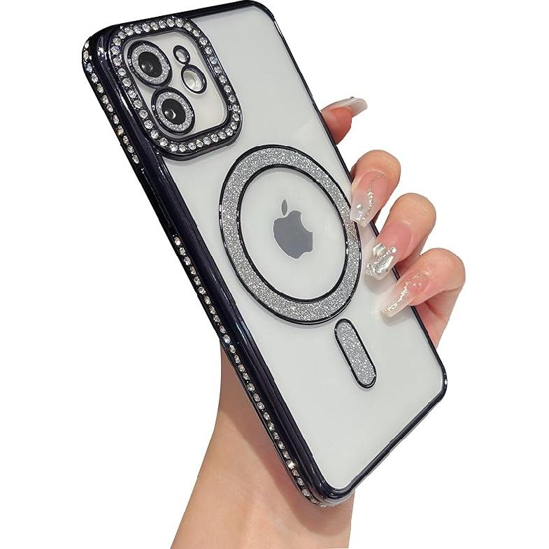 Caseative for iPhone 12 Case,Glitter Bling Clear Magnetic Compatible with MagSafe Wireless Charging (Gold)