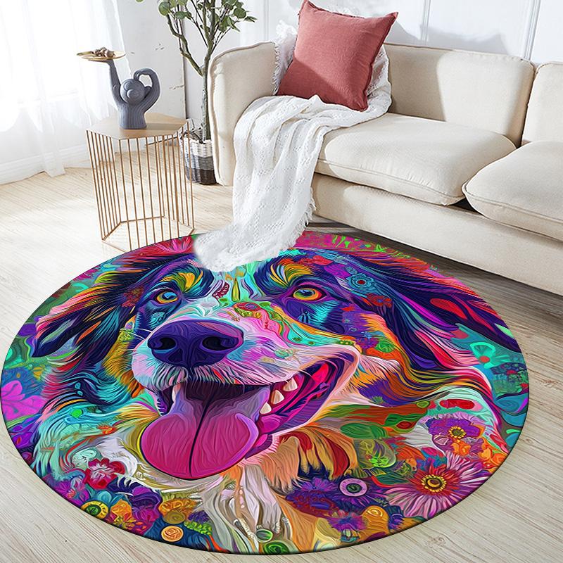 Colorful Dog,Round Area Rug,Carpet Rug for Living Room Bedroom Sofa Playroom Decor,Non-slip Floor Mat