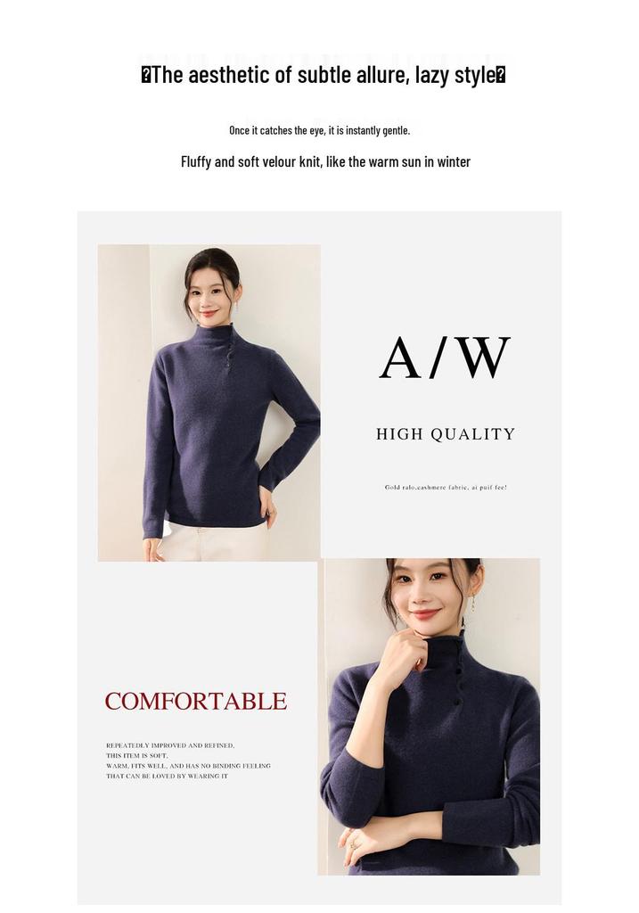 Winter 2025: Loose Casual Wool Sweater with Half-High Collar & Rolled Hem