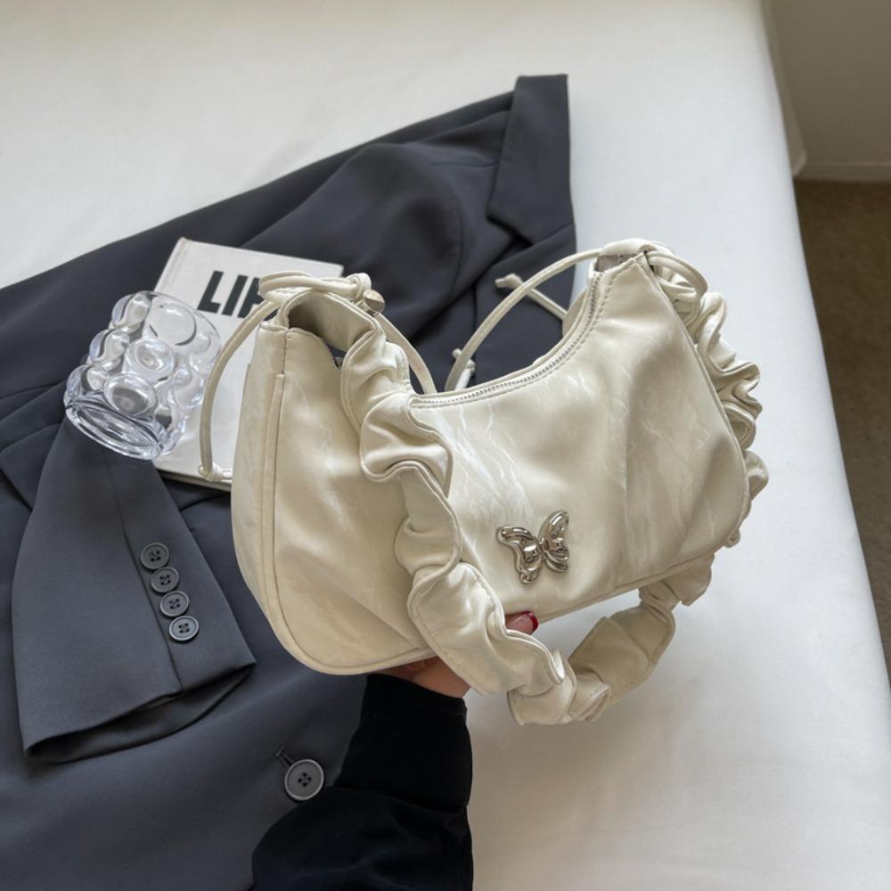 

Korean Style Butterfly Bag Large Capacity Bow Bag Vintage Pleated Single Shoulder Bag Girls белый