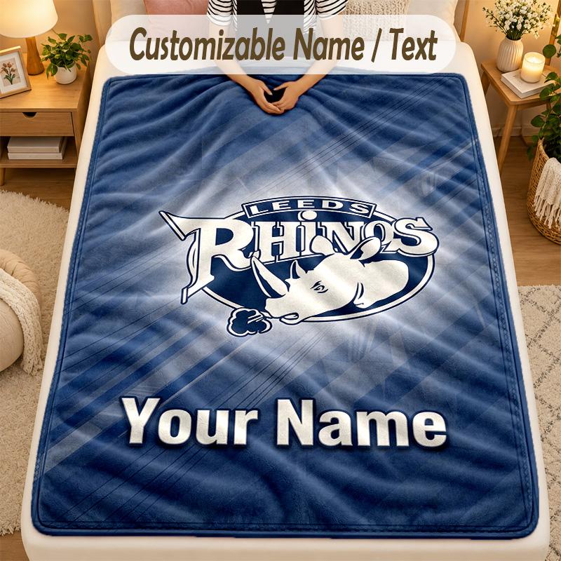 Flannel BlanketLeeds Rhinos Custom Name Text Personalized Soft Warm Throw Blanket Home Decor Gift
