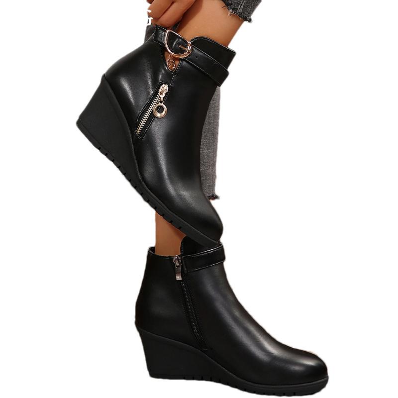 Women Wedges Ankle Boots Leather Designer Buckle Mid Heels Retro Shoes New Brand 2025 Trend Winter Classic Zipper Botas De Mujer