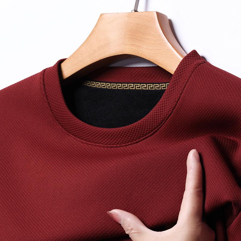 Autumn And Winter Velvet Thickened Crew Neck Sweater Men'S Pineapple Grid Solid Color Warm T-Shirt Casual Versatile Bottoming Shirt