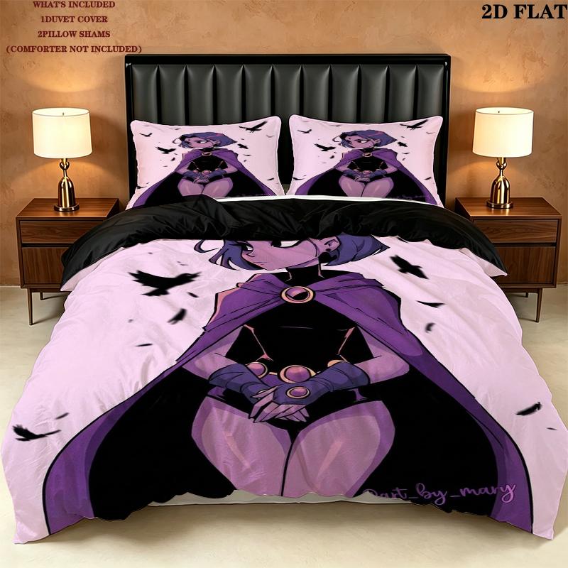 Raven Teen Titans Pattern Bedding uilt Set uilt Cover Pillowcase Home Decoration Birthday Gift (1 * duvet cover + 2 * pillowcase without core)