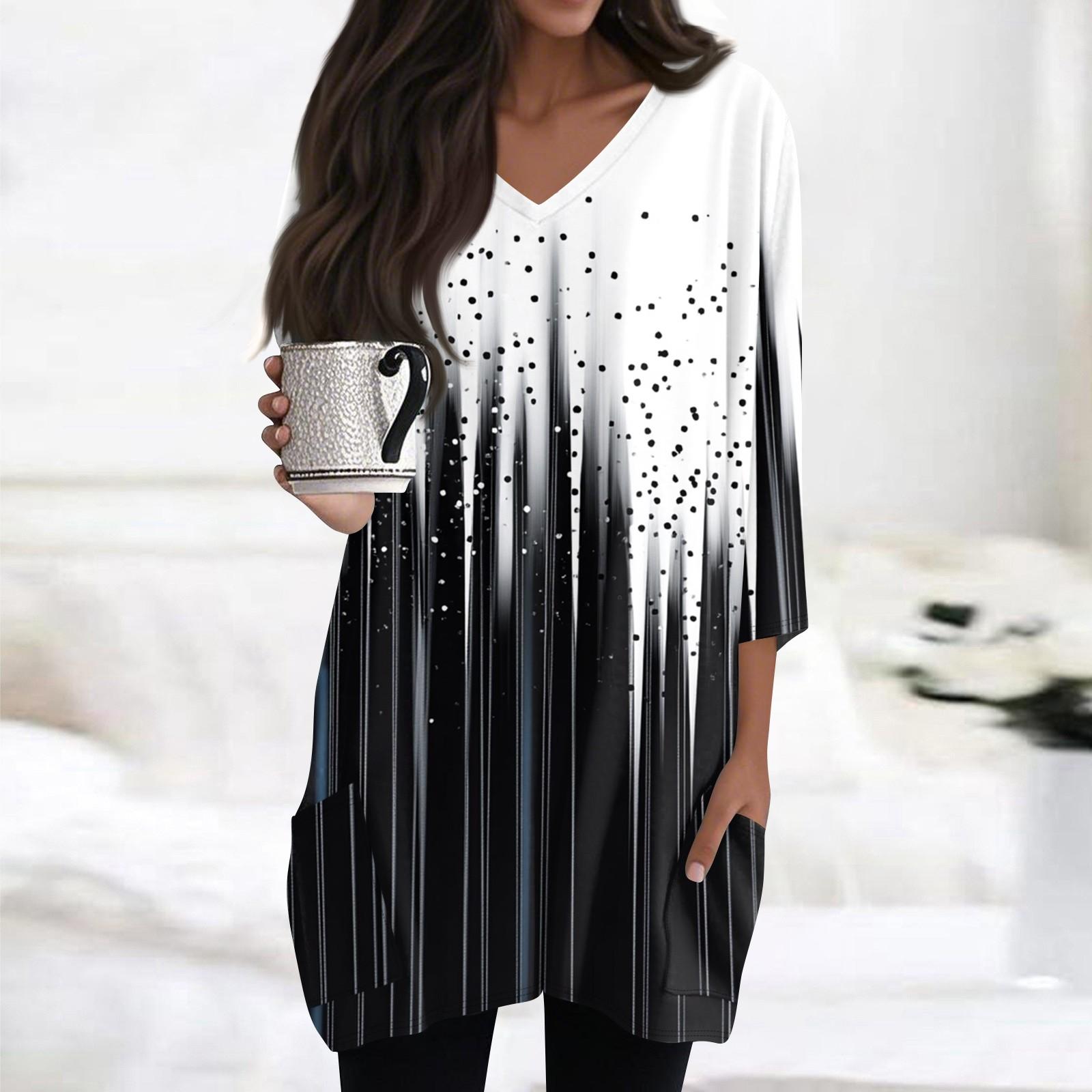 

Женские топы с V-образным вырезом и рукавом 3/4 Блузки Повседневные рубашки средней длины Модные принты Туники Топы с карманами L