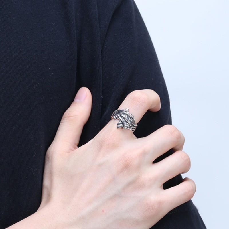 Adjustable Open Ring Men Women Vintage Angel Wing Design Feather Motif Retro Geometric Statement Jewelry