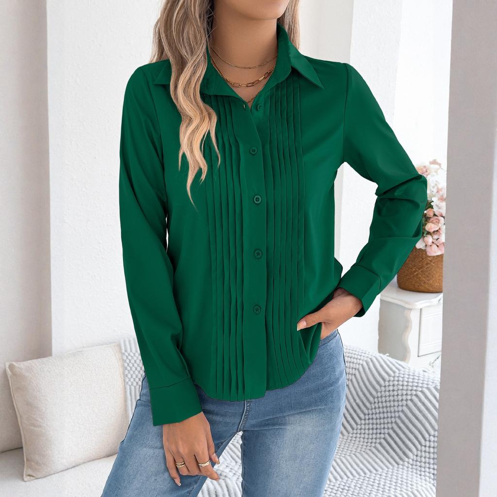 Women's Pleated Solid Color Button-down Long-sleeved Shirt/blouse