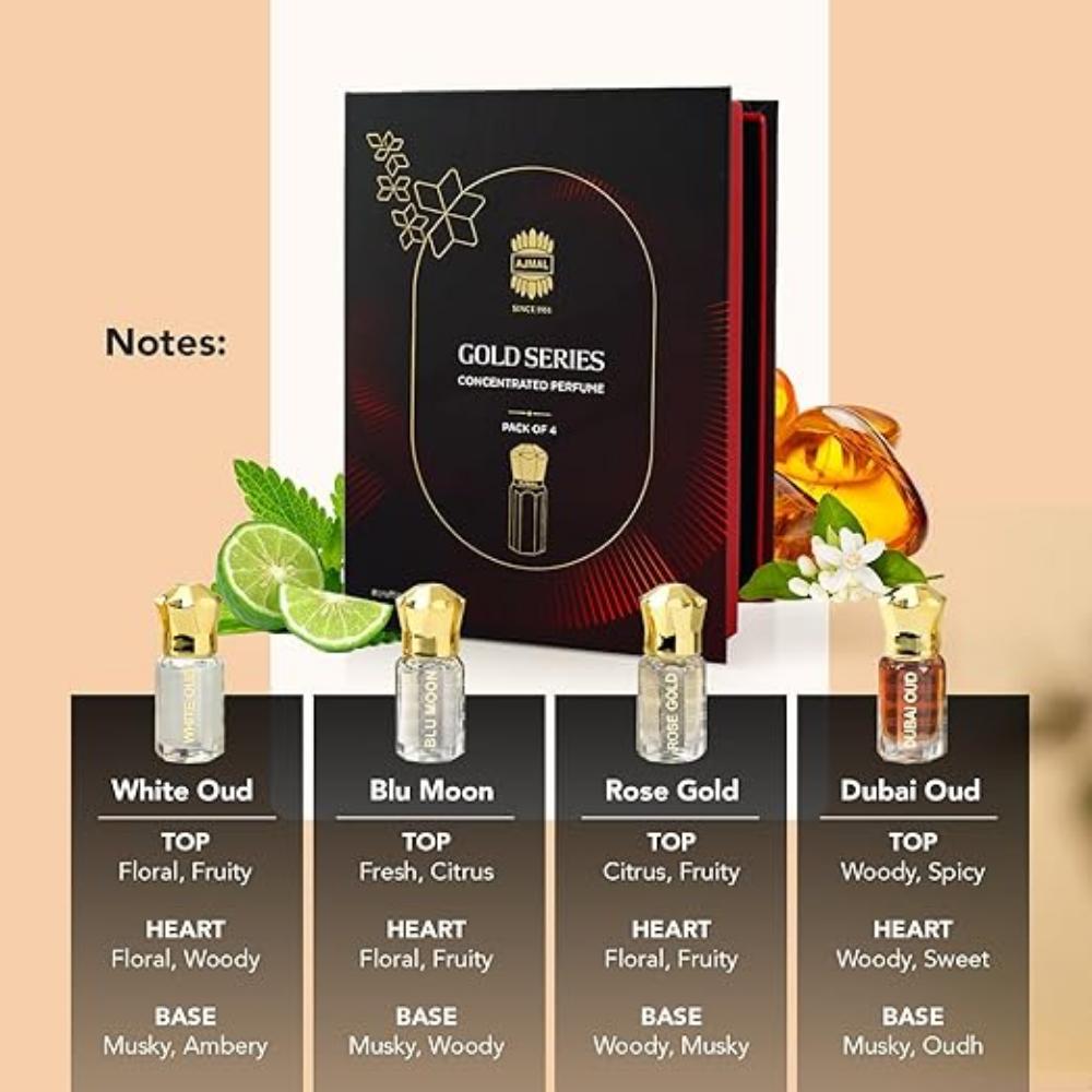 Non-Alcoholic Attar Perfume Roll-On for Men & Women | Blu Moon, Dubai Oud, White Oud, Rose Gold | 5ML, Pack of 4 Gift Set