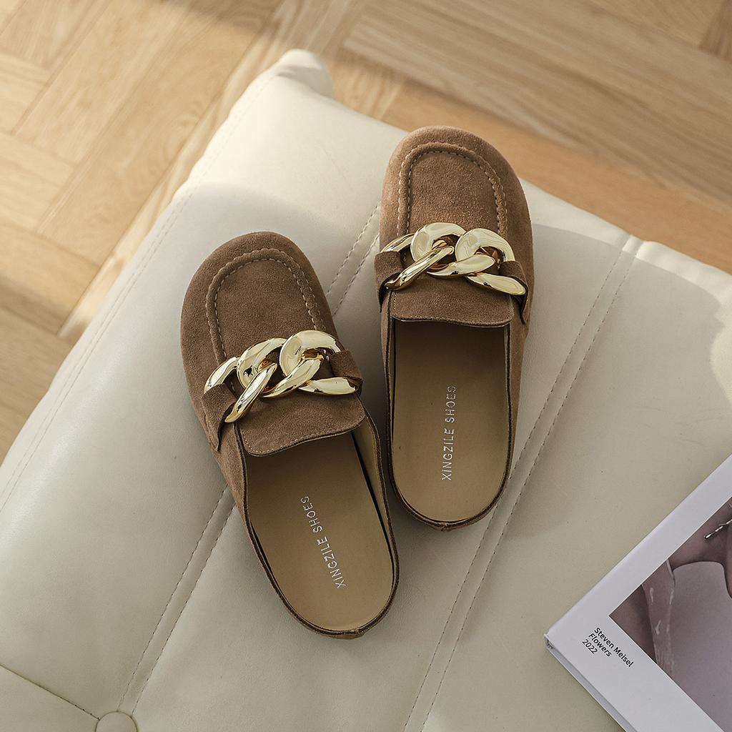 Leather Cowhide Boken Women's Shoes Inner Heightening Platform Slippers Flat Fishing Large Chain Buckle Boken Shoes Bag Head Half Slippers