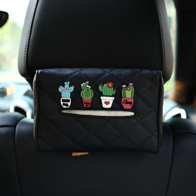 Leather Car Tissue Box Cartoon Cute Car Seat Back Hanging Drawout Box Multifunctional Armrest Box