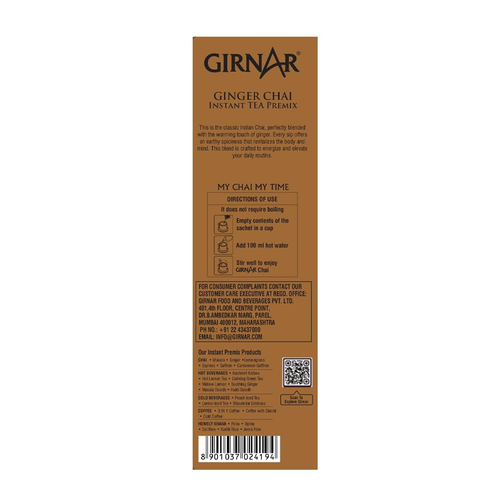 Girnar Instant Ginger Tea Premix – 10 Sachets | Vegan Powder Blend for Cozy, Aromatic, Refreshing Tea Anytime, Anywhere