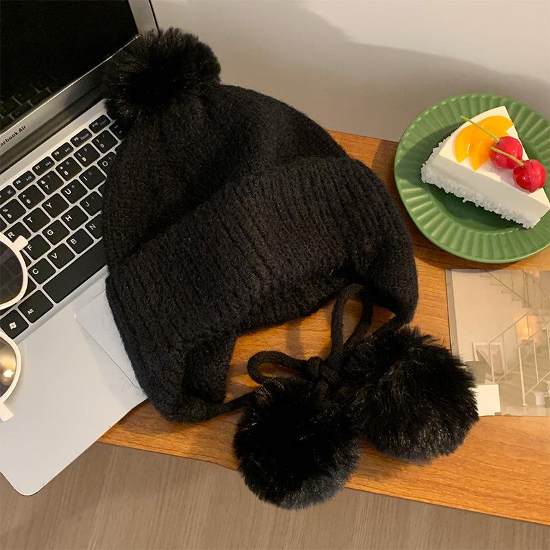 White Knitted Wool Hat, Children's Season Hairball, Warm Face, Small Ear Protectors, Headgear, Winter Big Head Circumference