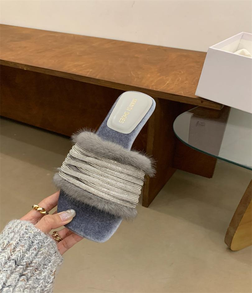 

Модные однословные тапочки женские летние ленивые стразы на низком каблуке сандалии с открытым носком с высоким чувством 39 серый