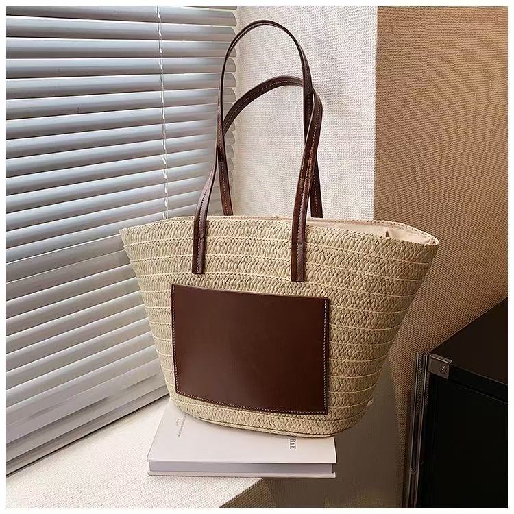 New High-end Straw Woven Bag, Hand Woven Bag, Large Capacity Single Shoulder Tote Bag, Women's Beach Vacation Beach Bag