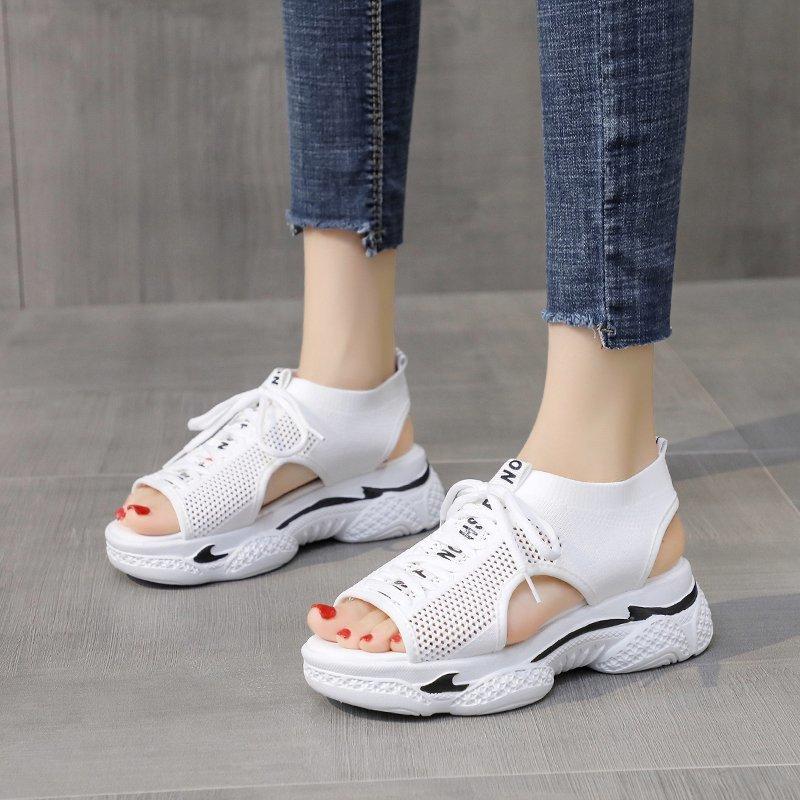 

Женские босоножки на танкетке Летние босоножки на платформе Женская обувь Женские слипоны с открытым носком Трикотажные женские кроссовки Повседневные 40 белый