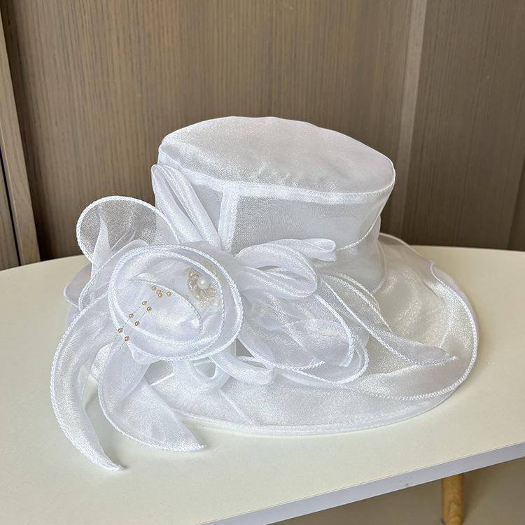 

Женская шляпа с бантом, сетчатая шляпа из марли, весенне-летняя, для путешествий, пляжная, от солнца, с большими полями M（56-58cm）