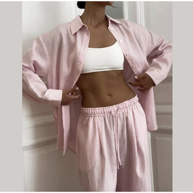 Women's Pure Cotton Shirt and Pants Set Casual Solid Color Women's Set V-neck Button Decoration Sweet Style Spring and Summer New Women's Clothing