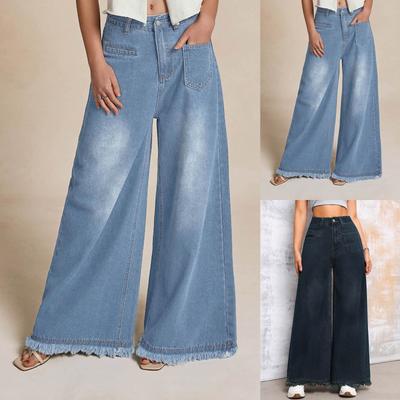 Damen Spring Street Vintage Weitbeinige Jeans mit gewaschenem Denim und Rüschenkante