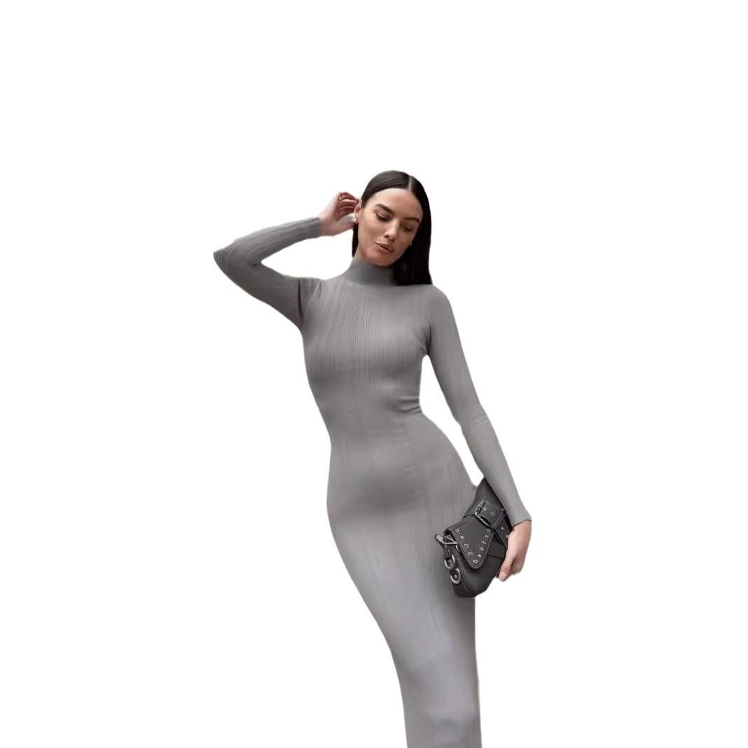 

Осень и Зима Трикотажная Юбка с Длинным Рукавом Водолазка Облегающее Французское Элегантное Базовое Полосатое Платье-Свитер L