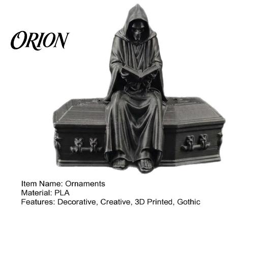 Gothic Home Decor 3D Printed Reading Skeleton Figurine, Hooded Reader Statue, Matte Black Ornaments Spooky Desktop Ornament for Office Bookshelf