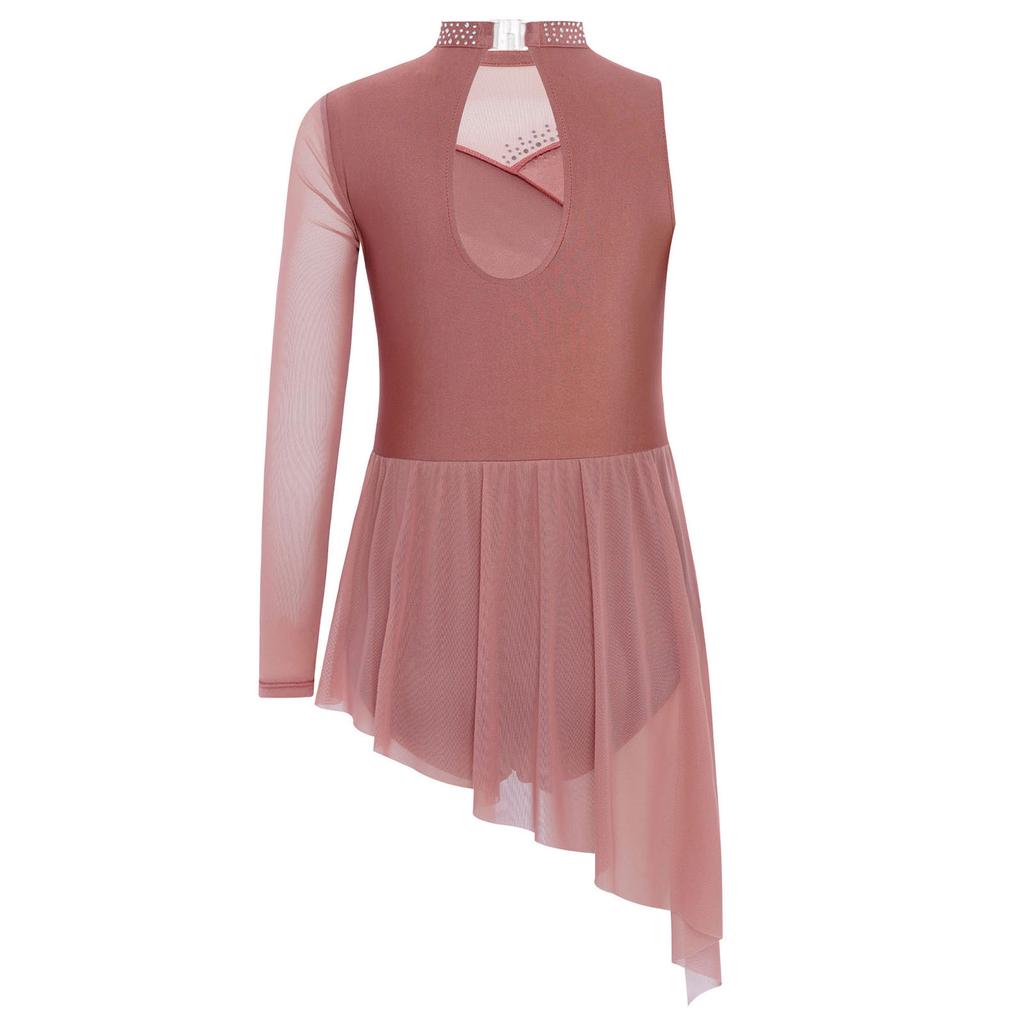 Vestido de Dança Lírica para Meninas Fantasia de Patinação Artística Strass Brilhantes Saia com Sobreposição de Malha Franzida Collant com Saia para Apresentação