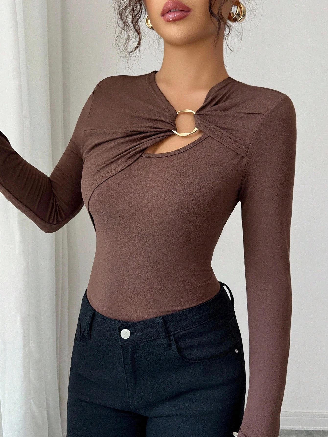

Spring Asymmetric Hollow Out Metal Decor Slim Fit Women s Spring Autumn Top Fashion Daily Basic Office Lady Casual Slim Fit Ladies Elegant Top XXL
