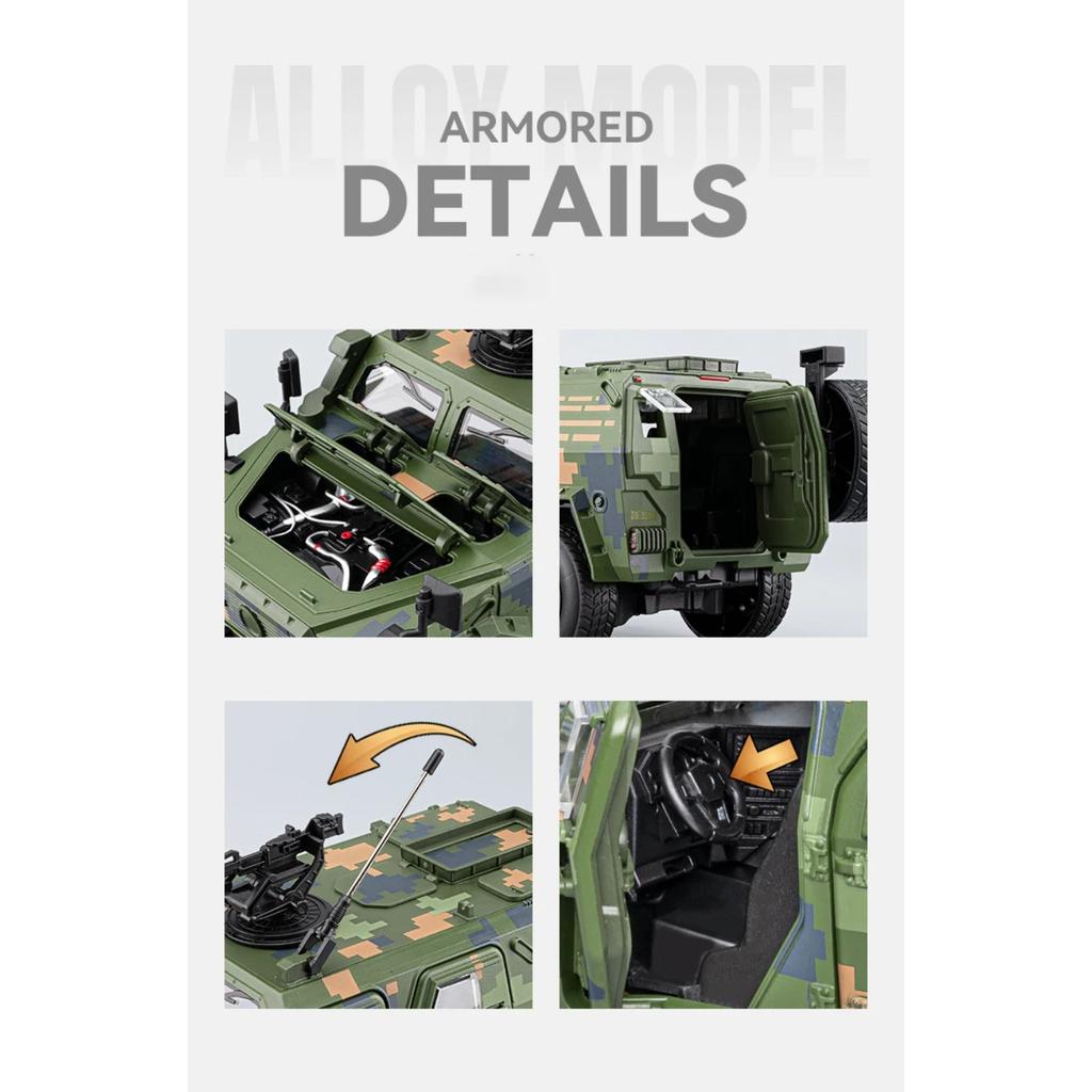 1/20 Alloy Military Explosion Proof Car Model Diecasts Metal Off-road Vehicles Tank Armored Car Model Sound Light Kids Toys Gift