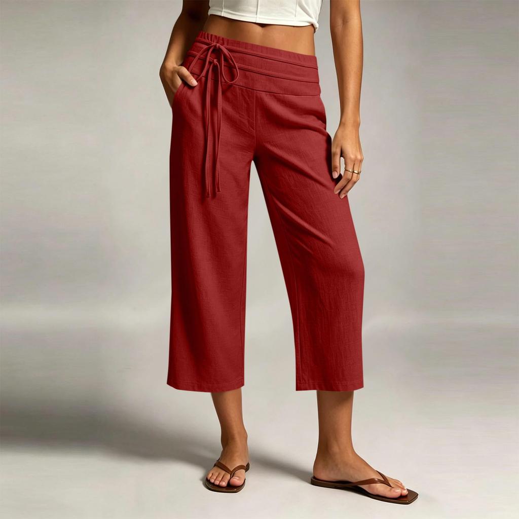Women Casual Wide Leg Cropped Pants Elastic Waistband Drawstring Loose Fit Capri Trousers Lightweight Breathable Fabric