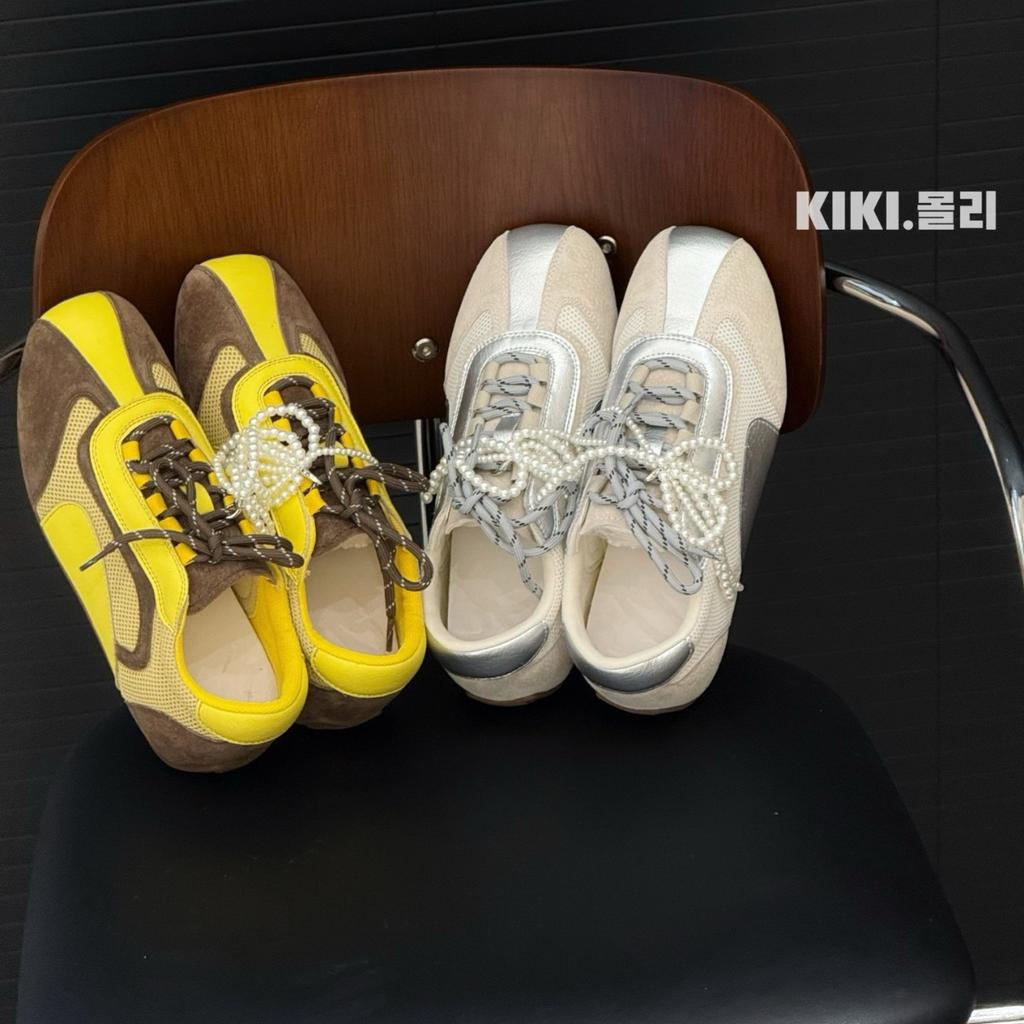 Leather double color ribbon inner height increase German training shoes women's 2025 spring soft sole beaded bow mesh Forrest Gump casual shoes