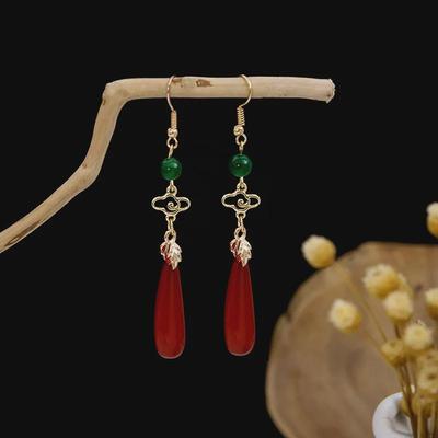 Retro Chinese Style Cloud and Red Water Drop Earrings with Green Gemstones
