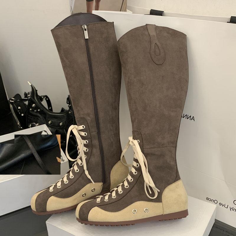 Fashion Eilyken Winter Designer Mixed Color Cross Lace-up Women Knee-High Boots Punk Style Round Toe Zipper Flat Heels Shoes