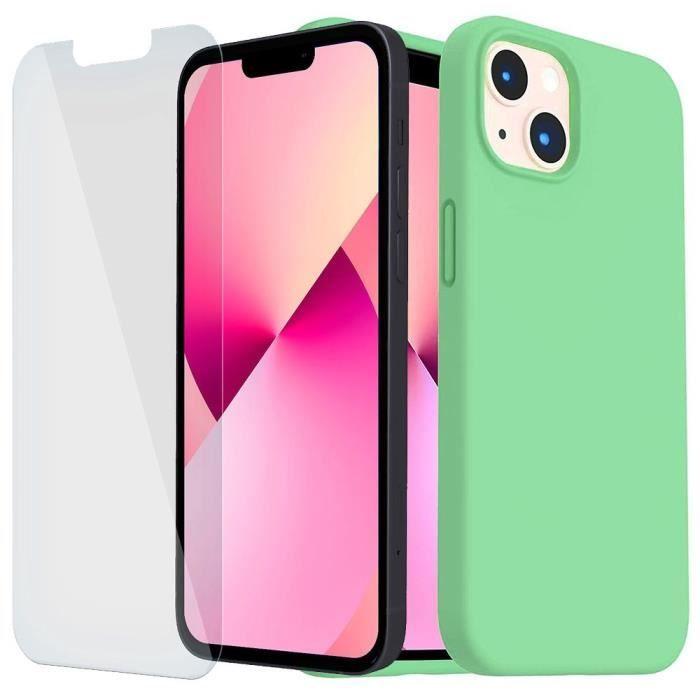 Coque silicone pour iphone 13 (6,1") vert et 2 verres trempés vitre protection d'écran