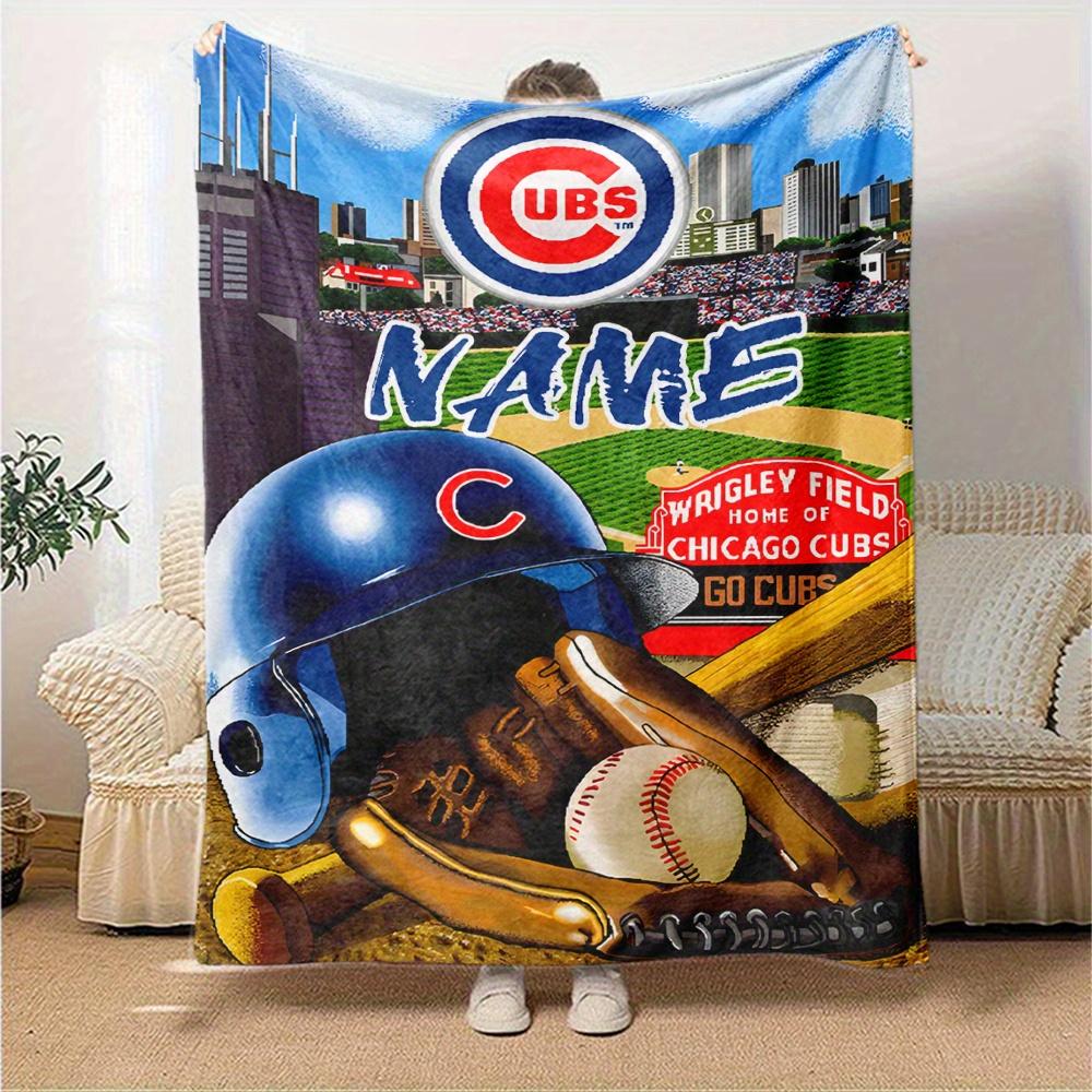 Cubs Baseball Helmet Wrigley Field Chicago Skyline Four Seasons Blanket Customized With Your Name Lightweight And Warm Perfect Gift For Home Office