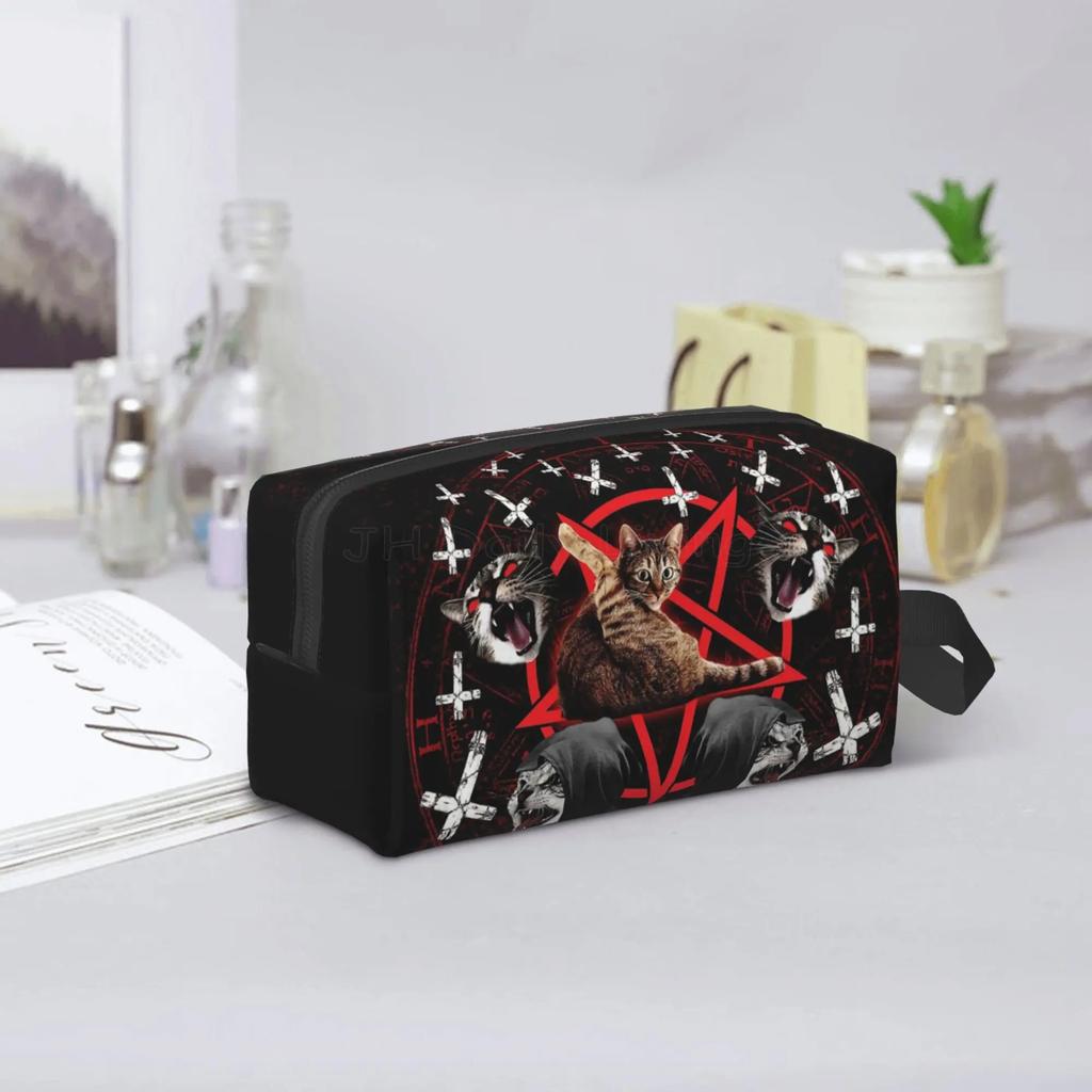 Pentagram Satanic Cats Death Black Metal Cosmetic Bag Portable Waterproof Makeup Bag for Women Double Sided Print Storage Bags