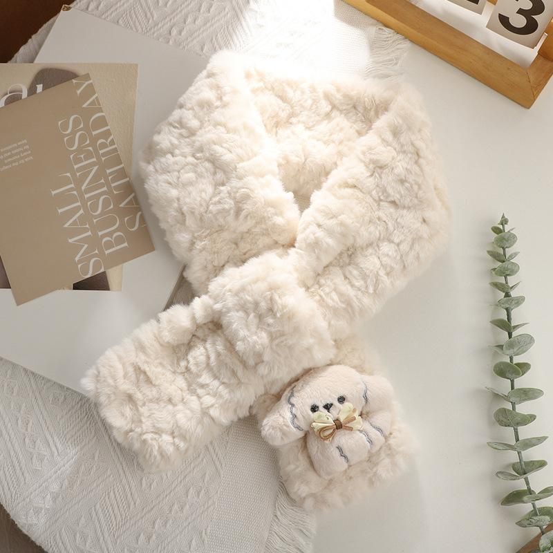 Puppy bow plush scarf female rounded corner embossed girl autumn and winter scarf Korean version student warm neck cover scarf