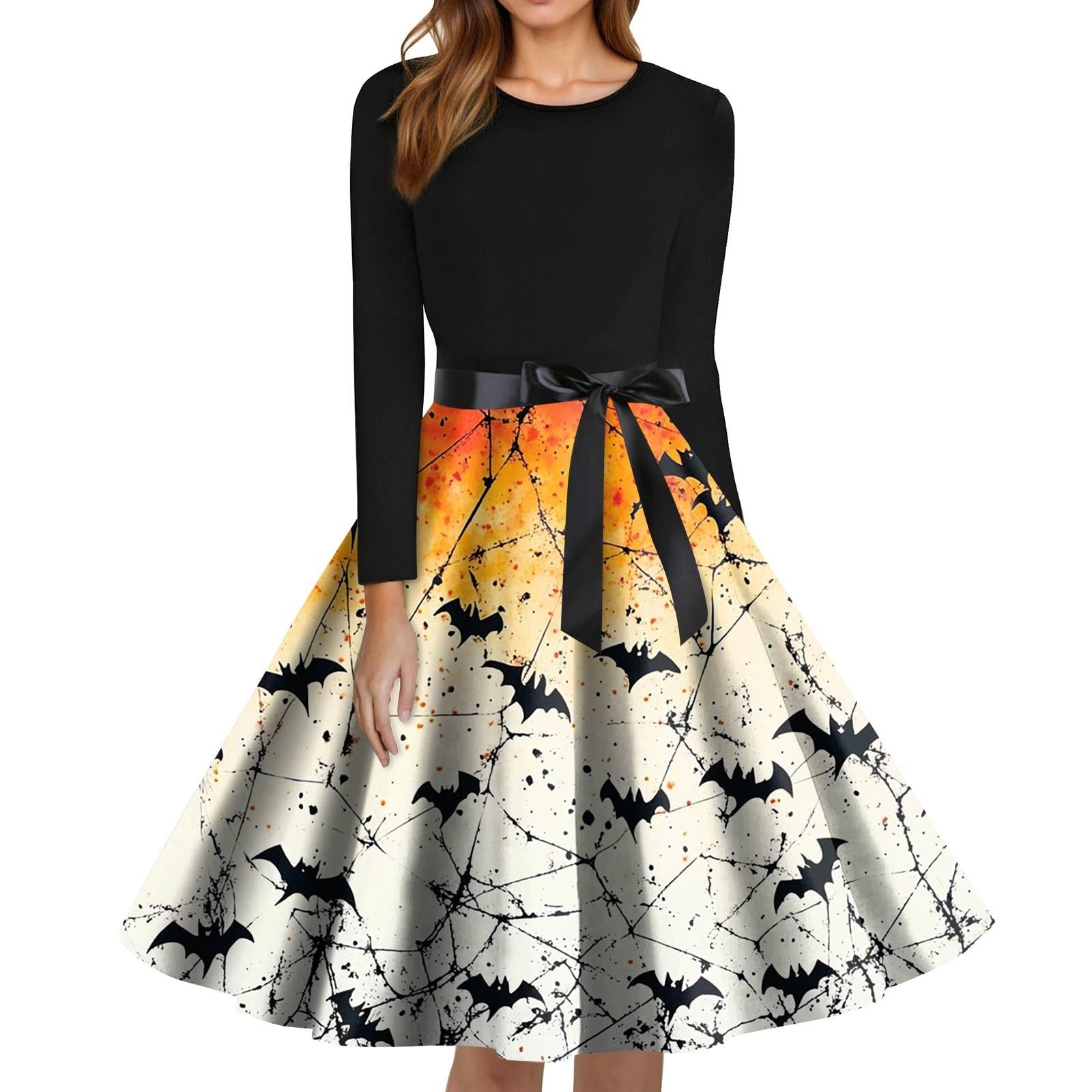 

Women s Fashion O-Neck Casual Slim Fit Halloween Printed Long Sleeve Dress XXXXXL жовтий